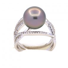 Anello in Argento e 1 Perla di Tahiti Rotonda C 10.9 mm