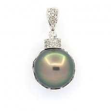 Ciondolo in Oro bianco 18k + 35 diamanti e 1 Perla de Tahiti Rotonda B 13.9 mm