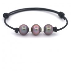 Braccialetto in Cuoio e 3 Perle di Tahiti Semi-Barocca B 10 mm