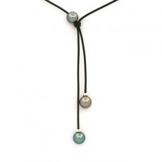 Collana in Cuoio e 3 Perle di Tahiti Rotonde C 9.3 a 9.7 mm