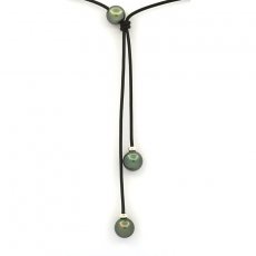Collana in Cuoio e 3 Perle di Tahiti Rotonde C 9.5 a 9.8 mm