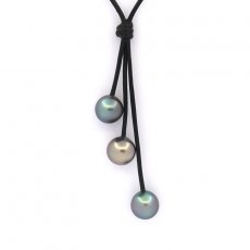 Collana in Cuoio e 3 Perle di Tahiti Semi-Rotonda C da 10.1 a 10.3 mm