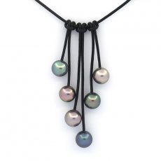 Collana in Cuoio e 6 Perle di Tahiti Rotonde C 10 a 10.4 mm