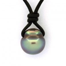 Collana in Cuoio e 1 Perla di Tahiti Cerchiata C 11.8 mm