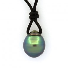Collana in Cuoio e 1 Perla di Tahiti Cerchiata C 11.3 mm