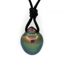 Collana in Cuoio e 1 Perla di Tahiti Cerchiata C 10.7 mm