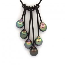 Collana in Cuoio e 6 Perle di Tahiti Cerchiate B/C 8.5 a 9.2 mm