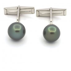 Gemelli in Argento e 2 Perle di Tahiti Rotonde C 10.6 mm