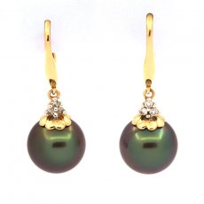 Orecchini in Oro 14K + 6 diamanti e 2 Perle di Tahiti Rotonde B 9.5 mm
