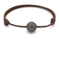 Braccialetto in Cuoio e 1 Perla di Tahiti Rotonda C 12.7 mm