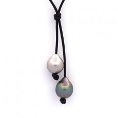 Collana in Cuoio e 2 Perle di Tahiti Semi-Barocche B/C di 12 e 12.4 mm