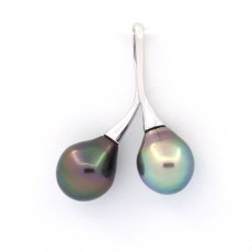 Ciondolo in Argento e 2 Perle di Tahiti Semi-Barocche 1 A & 1 B 9 mm
