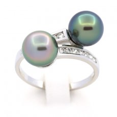 Anello in Argento e 2 Perle di Tahiti Rotonde C+ 8.5 mm