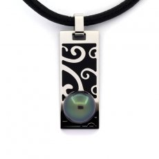 Ciondolo in Acciaio Inossidabile, Collana in Neoprene e 1 Perla di Tahiti Rotonda C 9.7 mm