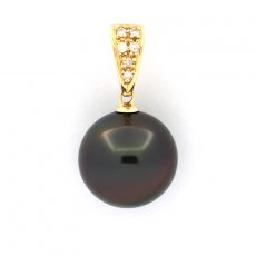 Ciondolo in Oro 14K + 6 Diamanti e 1 Perla di Tahiti Rotonda B 11.5 mm