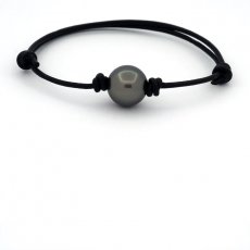 Braccialetto in Cuoio e 1 Perla di Tahiti Rotonda C 12.7 mm