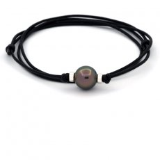 Collana in Cuoio e 1 Perla di Tahiti Rotonda C 12.1 mm