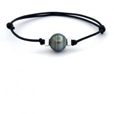 Braccialetto in Cotone Cerato e 1 Perla di Tahiti Cerchiata C 13 mm