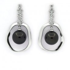 Orecchini in Argento e 2 Perle di Tahiti 1 Rotonda & 1 Semi-Rotonda C 9.6 e 9.7 mm