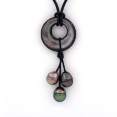 Collana in Cuoio e 3 Perle di Tahiti Cerchiate B da 8.9 a 9.4 mm