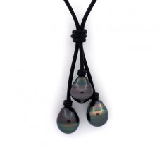 Collana in Cuoio e 3 Perle di Tahiti Cerchiate C da 10.5 a 10.8 mm