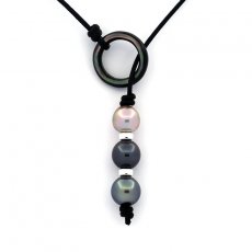 Collana in Cuoio e 3 Perle di Tahiti Semi-Barocche C da 9.2 a 10.3 mm