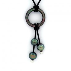 Collana in Cuoio e 3 Perle di Tahiti Semi-Barocche C da 9.6 a 10.3 mm