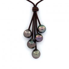 Collana in Cuoio e 5 Perle di Tahiti Semi-Barocche B/C da 10 a 10.3 mm