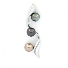 Ciondolo in Argento e 3 Perle di Tahiti Rotonde C di 8.2 a 8.4 mm