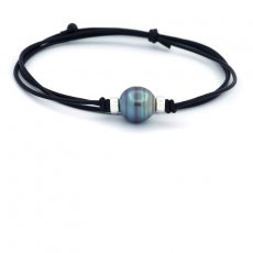 Collana in Cuoio e 1 Perla di Tahiti Cerchiata C/D 12.9 mm