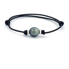 Braccialetto in Cuoio e 1 Perla di Tahiti Cerchiata C/D 11.2 mm