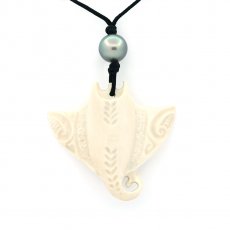 Collana in Cotone, Pendente in Osso e 1 Perla di Tahiti Semi-Rotonda C 9.6 mm