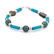 Bracciale in Argento, Turchese, Madreperla e 3 Perle di Tahiti Rotonda D 8.3 mm