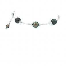 Bracciale in Argento e 3 Perle di Tahiti Rotonda C/D da 7.6 a 7.8 mm
