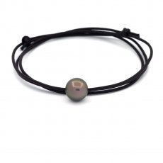 Collana in Cuoio e 1 Perla di Tahiti Rotonda C 11.4 mm