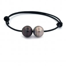 Pulsera de Cuero y 2 Perlas de Tahiti Semi-Barroca + Anillada C 12.2 mm