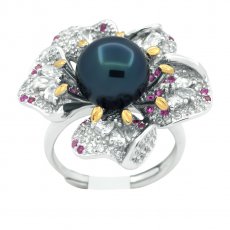 Anello in Argento e 1 Perla di Tahiti Rotonda C+ 9.7 mm