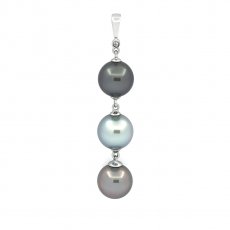 Ciondolo in Argento e 3 Perle di Tahiti Rotonde e Semi-Rotonde C di 9.3 mm
