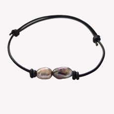 Pulseira em Couro e 2 keishis de Tahiti