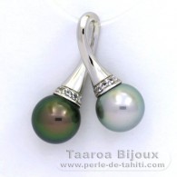 Ciondolo in Argento e 2 Perle di Tahiti Rotonda C 9.5 mm