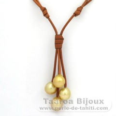 Collana in Cuoio e 4 Perlas de Australia Semi-Barroca C di 12 a 12.5 mm