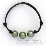Braccialetto in Cotone e 3 Perle di Tahiti Semi-Barroca B di 10 a 10.4 mm