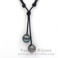 Collana in Cuoio e 2 Perle di Tahiti Cerchiate C 12.1 e 12.3 mm