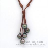 Collana in Cuoio e 5 Perle di Tahiti Semi-Barocche C di 10 a 10.3 mm