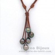 Collana in Cuoio e 5 Perle di Tahiti Semi-Barroca C di 10 a 10.3 mm