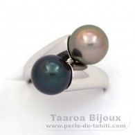 Anello in Argento e 2 Perle di Tahiti Rotonda C 9 e 9.1 mm