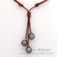 Collana in Cuoio e 3 Perle di Tahiti Semi-Barroca C di 11 a 11.6 mm