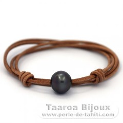 Collana in Cuoio e 1 Perla di Tahiti Semi-Barocca C 13.7 mm