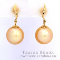 Orecchini in Oro 18K + 2 diamanti di 0.01 carati HS1 e 2 Perle di Australia Semi-Rotonda B 11 mm