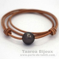 Collana in Cuoio e 1 Perla di Tahiti Rotonda C 13.7 mm